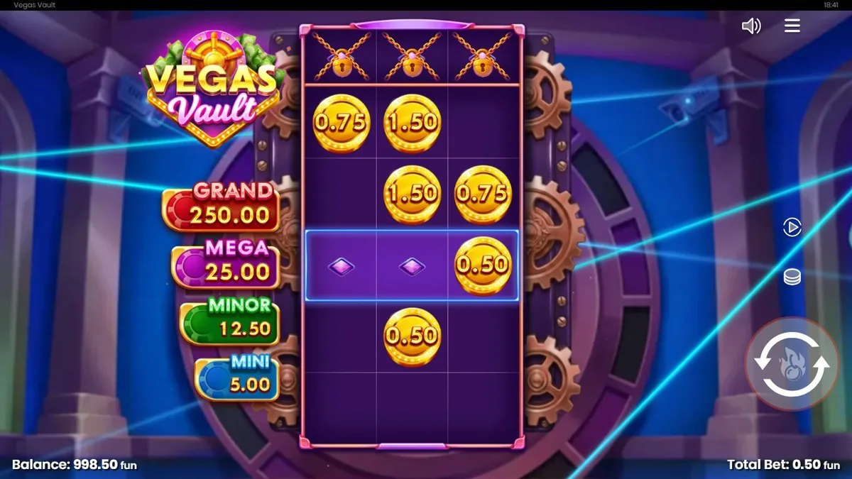 Het basisspel onder de laserstralen: gouden munten van 0,75, 1,50 en 0,50 tussen de lege paarse vakjes, met de jackpotladder (GRAND 250,00) links. Saldo 998,50 bij €0,50 inzet.