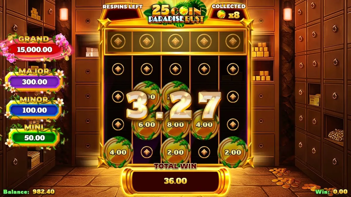 De respinkamer met 'COLLECTED x8' bovenaan: munten van 2,00 tot 8,00 blijven plakken en de TOTAL WIN onderin staat op 36,00. Precies waarvoor je de munten laat vallen.