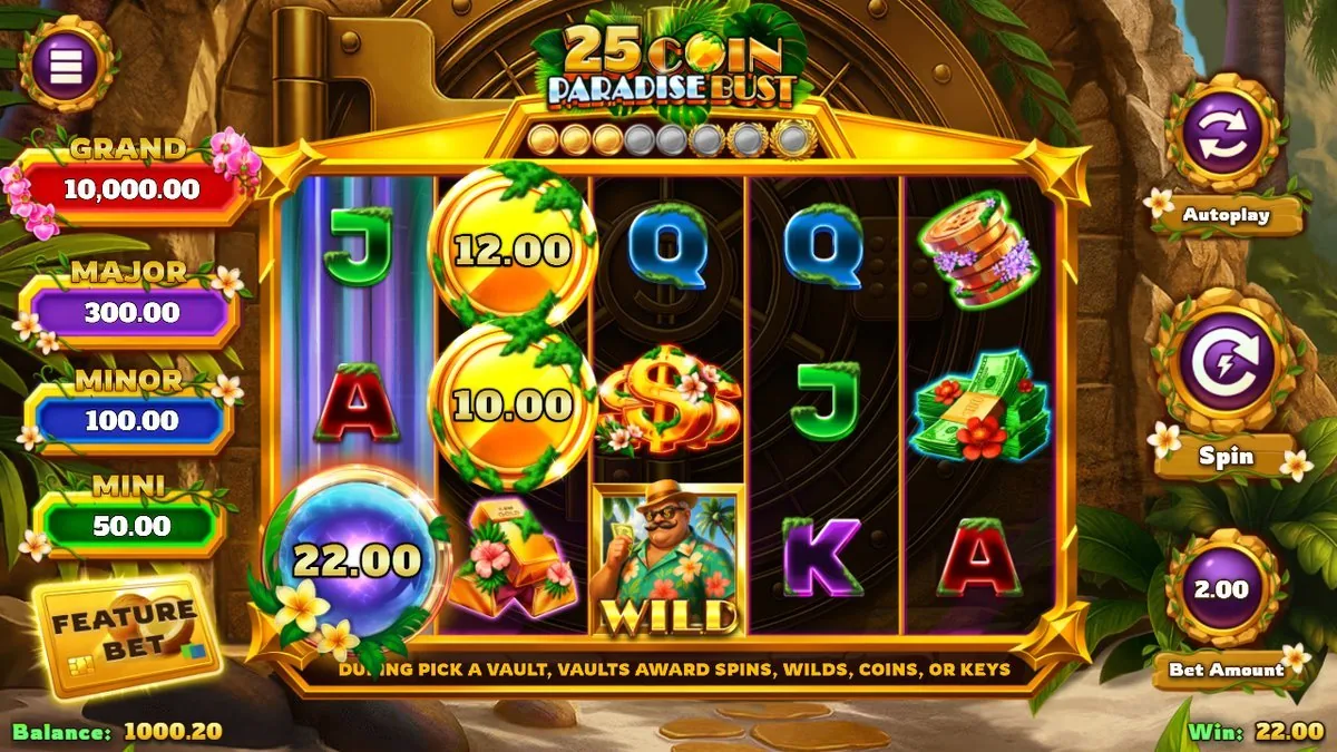 De WILD (man in hawaïhemd) op de middelste rol, met de balk 'pick a vault — vaults award spins, wilds, coins, or keys' onderin. Winst op dat moment 22,00 bij een saldo van 1.000,20.