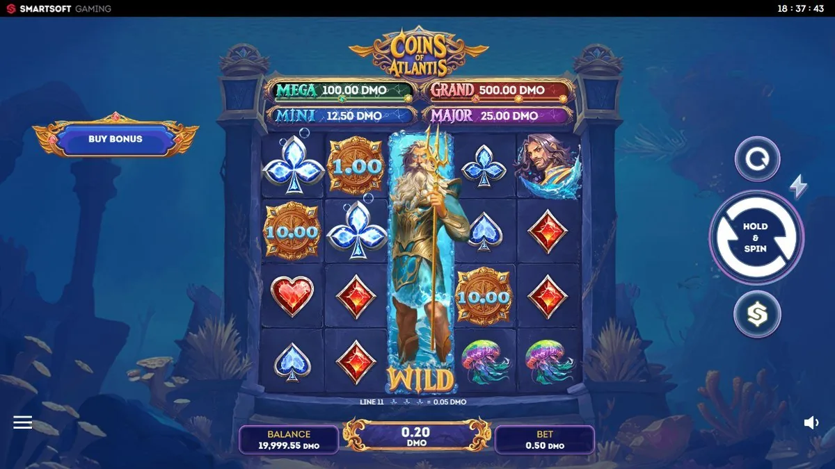 Eerlijk gemeld: dit kader toont nagenoeg hetzelfde beeld als hiervoor — dezelfde uitgeklapte Poseidon-wild en 10,00-munten. Een duidelijk apart free-spins-beeld kreeg ik in deze demo-sessie niet vast.