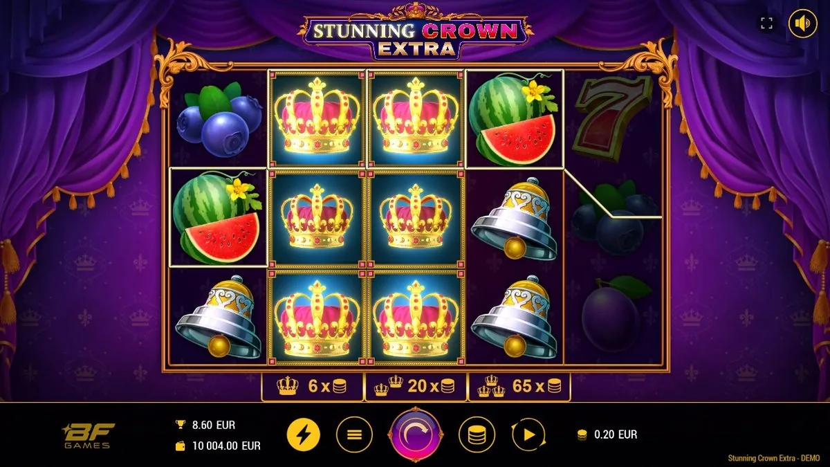 De Crown Spins lopen: een 3×2-blok gouden kronen vult het midden terwijl watermeloen en bel eromheen blijven staan. Winst op dat moment: €8,60.