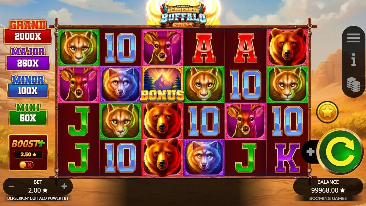 Het BONUS-symbool (berglandschap met zonsopgang) landt op rol 3 — de trigger naar de free spins. Traag in komen, maar dit is waar de ronde omslaat.