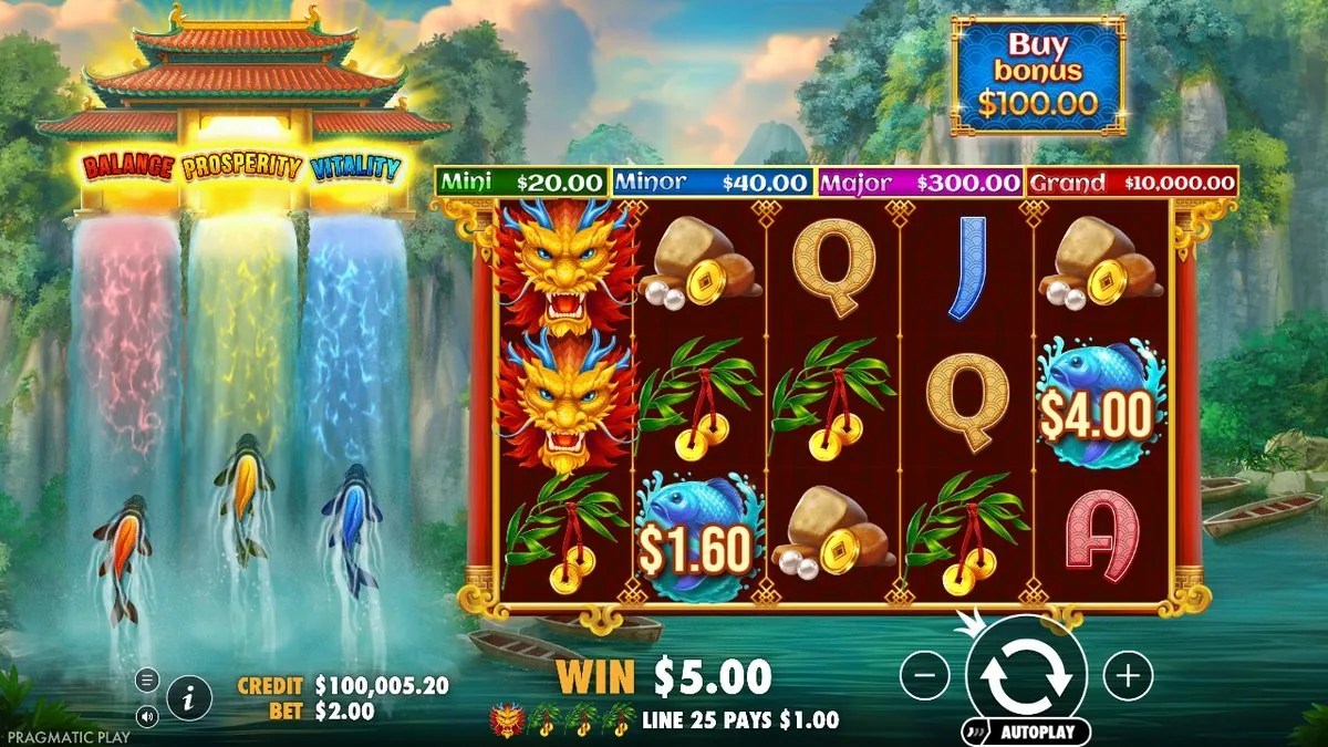 In de free spins staan gestapelde drakenwilds op de eerste rol terwijl geldvissen van 1,60 en 4,00 op het scherm blijven; WIN 5,00, lijn 25 betaalt. Precies waarvoor je de bonus koopt.