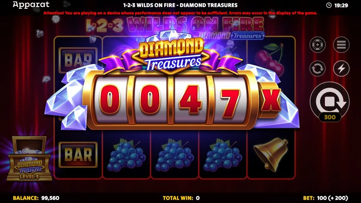 De Diamond Treasures-feature draait een aparte cijferrol uit tussen de diamanten. Dit is de tweede laag bovenop het fruitspel — een extraatje, geen jackpotlawine.