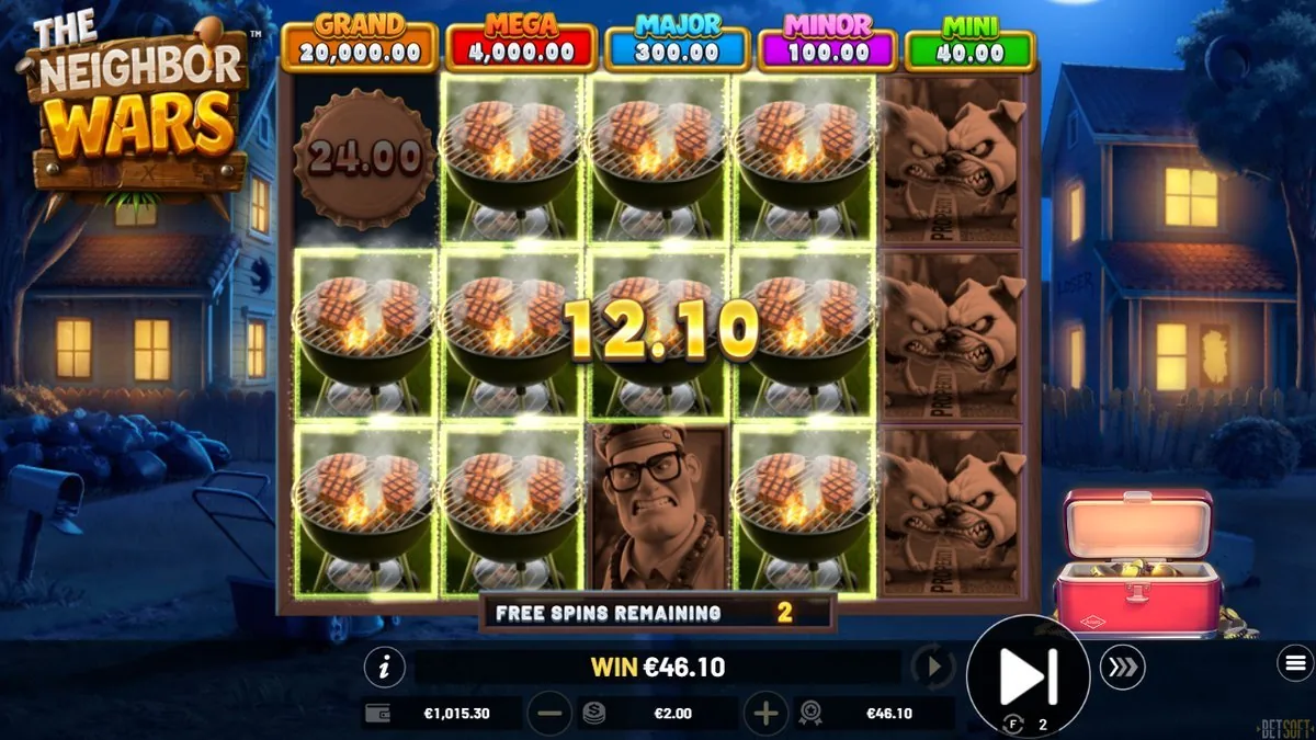 Free spins bij nacht: rokende barbecues met steaks, een enkele spin die 12,10 tikt en een lopend totaal van 46,10 met nog spins te gaan.