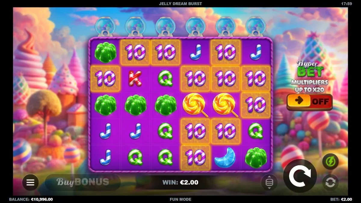 Het basisraster in vol snoepornaat: groene jelly's, twee draaiende lolly's naast elkaar en een cascade die €2,00 oplevert bij €2,00 inzet. HyperBet staat hier bewust op OFF.