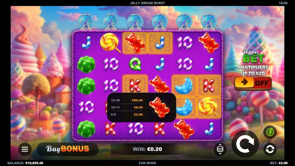 De gummbeer-meter opent en toont de vaste waarden: 12–30 → €60,00, 10–11 → €6,00, 8–9 → €2,00. Dit is de brug naar de free spins.