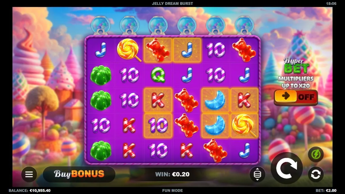 Rode gummiberen lijnen zich uit over het midden van het raster terwijl de aangrenzende vakjes oplichten — het verzamelen in volle gang richting de bonus.