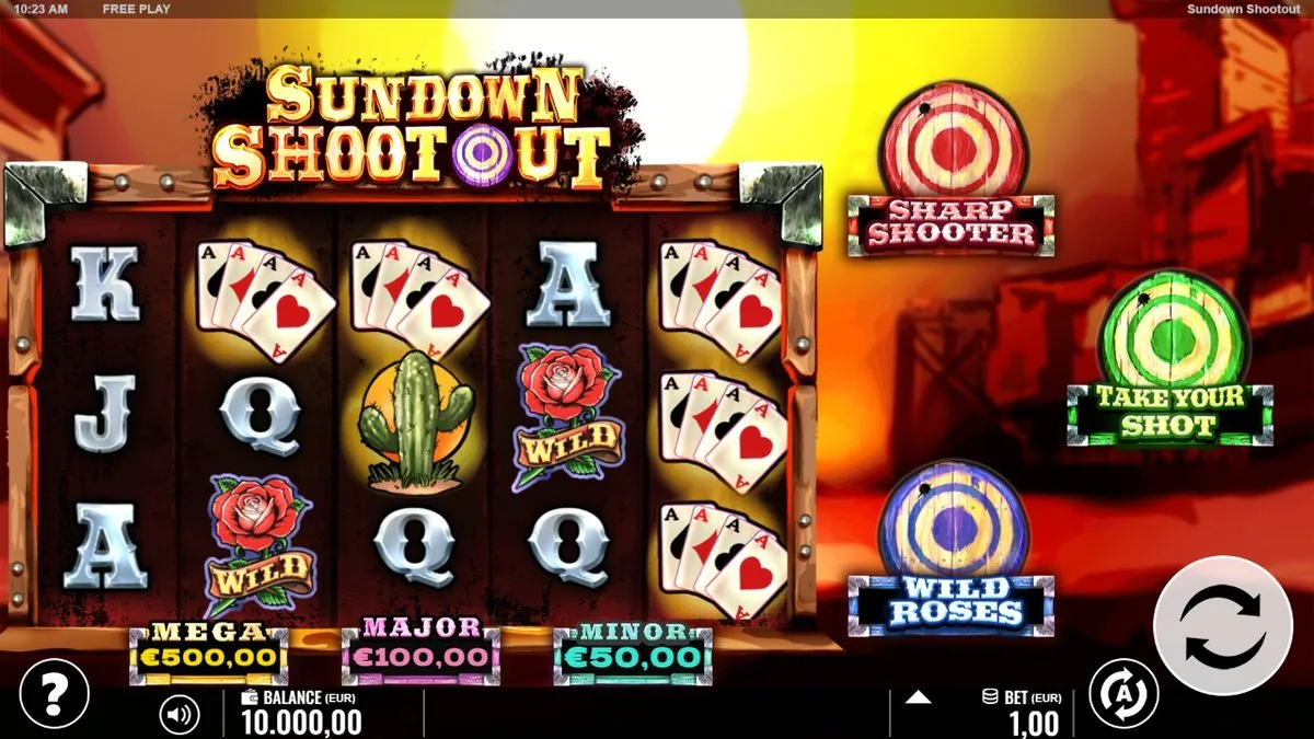 Het basisraster met viertal-aces, tatoeage-rozen als wilds en een cactus in de avondzon. Onder de rollen de vaste jackpots — MEGA €500 · MAJOR €100 · MINOR €50 — en rechts de panelen Sharp Shooter, Take Your Shot en Wild Roses.