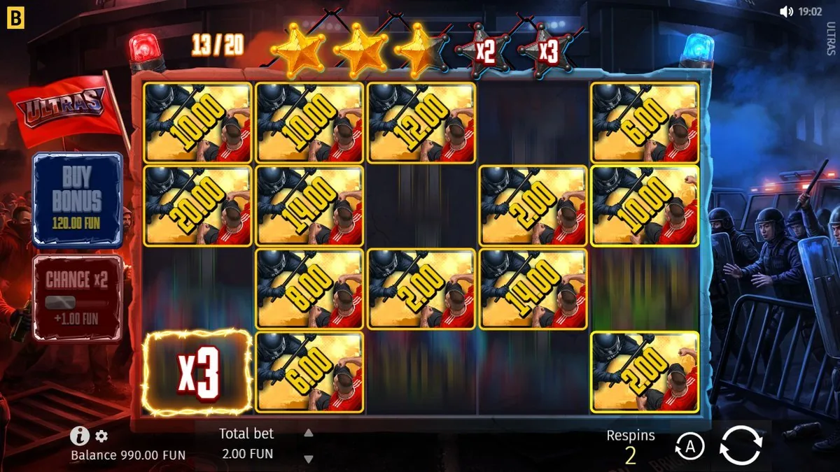 Halverwege (13/20): drie gouden sterren verzameld, de x2- en x3-sterren binnen bereik en een raster vol cashsymbolen. Precies waarvoor je die respins uitzweet.