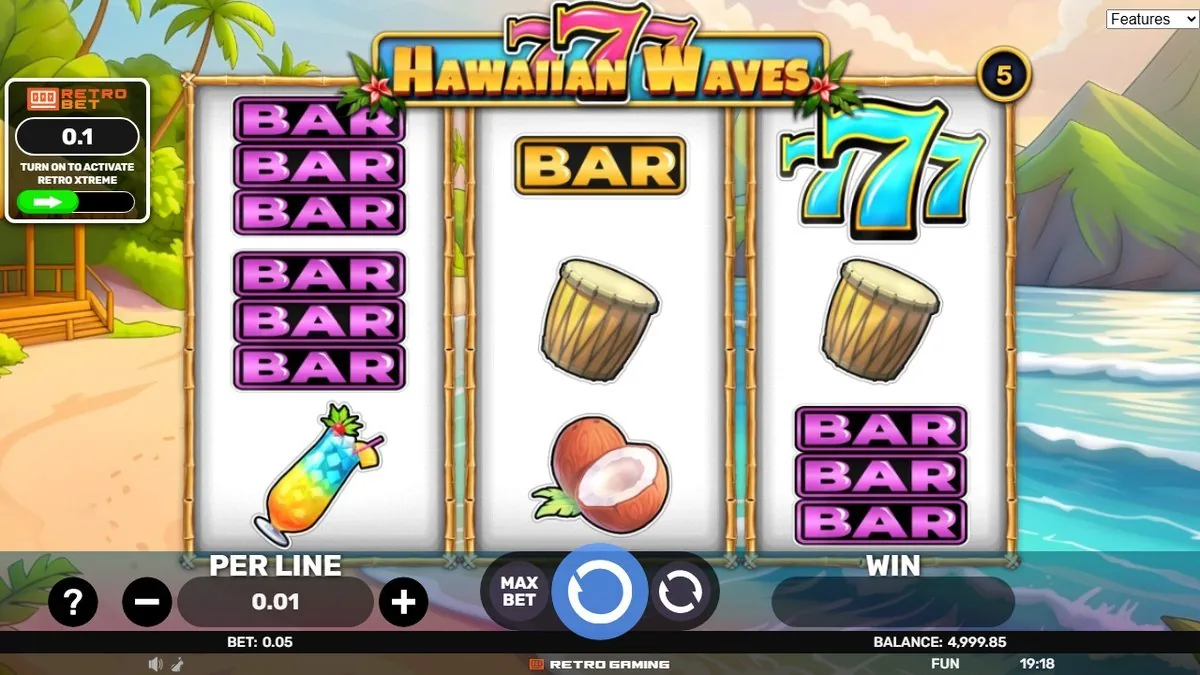De drie rollen in rust: een stapel BAR's links, een blauwe 777 die net niet uitlijnt op rol 3, en de regenboog-cocktail lonkt onderaan. Zo ziet een gewone spin eruit.