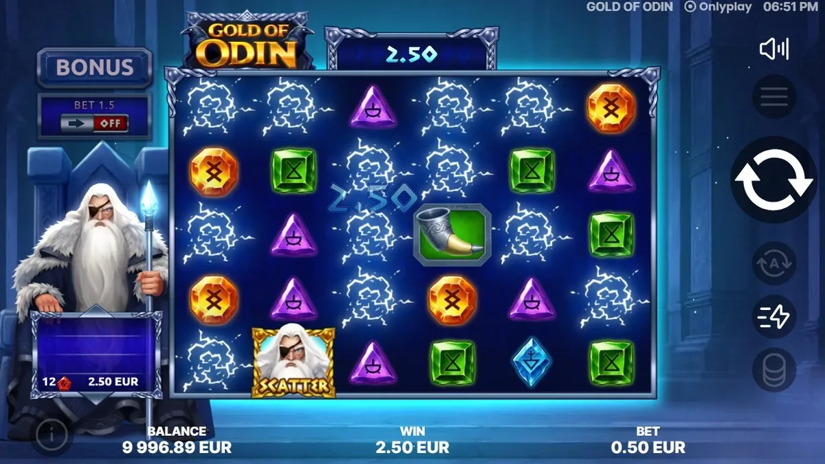 Bliksem kraakt over het raster terwijl een cluster oranje runenmunten uitbetaalt: 2,50 bij €0,50 inzet, met de Odin-scatter alweer in beeld voor de volgende tuimel.