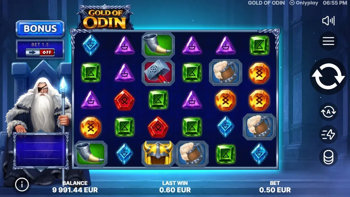 Na de koop draait de feature: een vol raster met helm, hamer en bierpul, laatste win 0,60. De multiplier bouwt zich op zolang de avalanches blijven rollen.