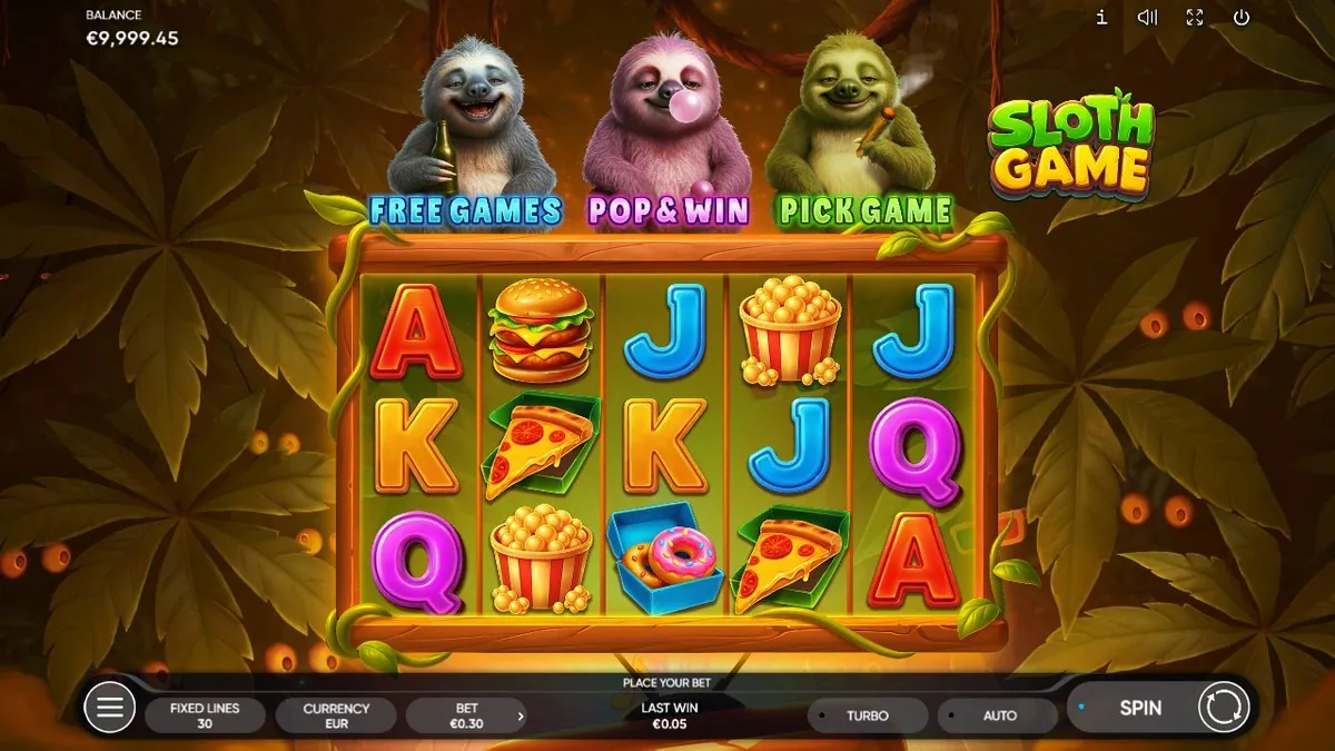 Het basisspel: boven de rollen kondigen de drie luiaards FREE GAMES, POP&amp;WIN en PICK GAME aan, terwijl burger, pizza en popcorn tussen de letters liggen. Inzet €0,30.