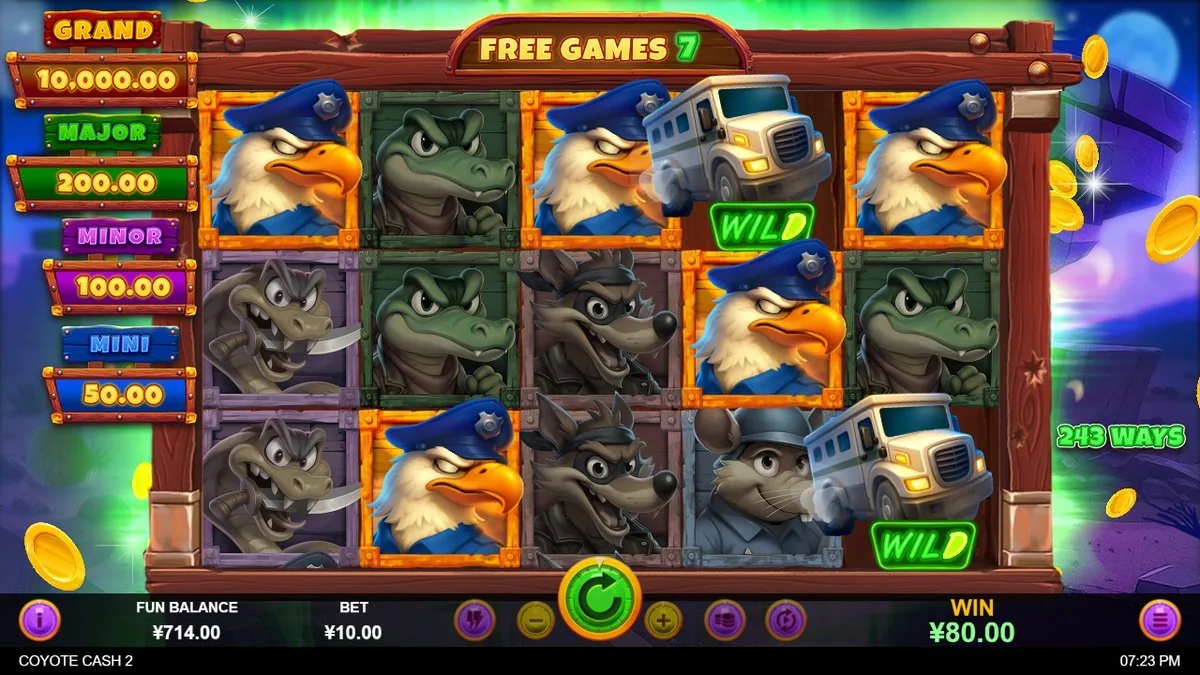 In de vrije spins (FREE GAMES 7): twee geldwagen-WILD's lichten groen op tussen de adelaar-agenten en krokodillen. Winst op dat moment: ¥80.