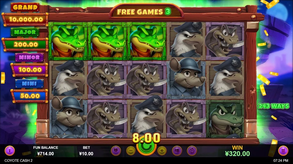 Een spin later (FREE GAMES 8): drie groene krokodilkoppen bovenaan leveren 8,00 op en tikken de totale winst naar ¥320. Precies waarvoor je die free spins uitzweet.