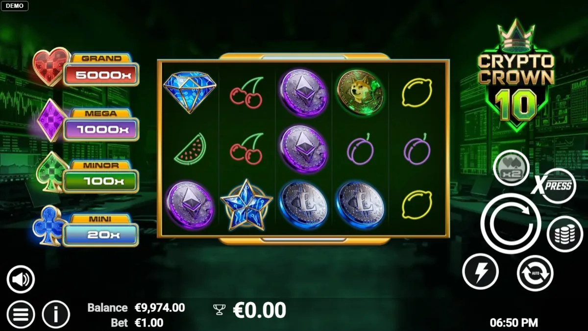 Diamant, paarse Ethereum-munten, een groen oplichtende Dogecoin en de blauwe ster-scatter komen samen op het raster. Ook hier stond de winteller nog op €0,00 — mooie board, geen uitbetaling geregistreerd.