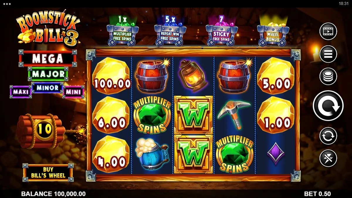 Zelfde board, nu met de jackpot-labels zichtbaar: MEGA, MAJOR, MINOR, MAXI en MINI. De minecarts tonen hun multipliers (1×, 5×, 7×). Saldo stond nog op 100.000.