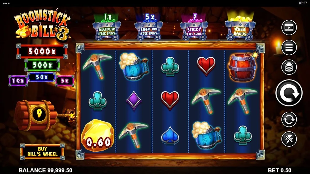 Pikhouwelen, harten, klavers, schoppen en blauwe potten vullen het raster, met één gouden klomp van 0,60. Een rustige ronde — geen jackpot, wel de sfeer van de mijn.