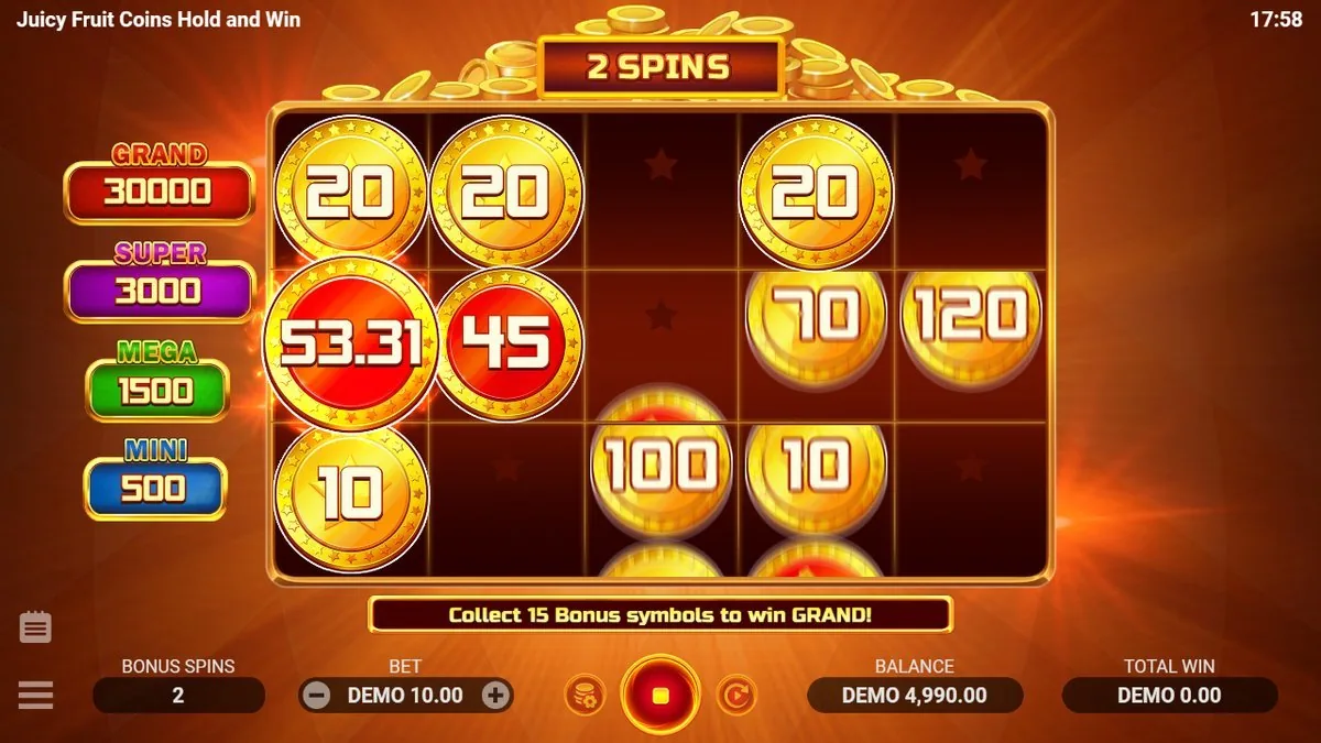 De Hold-and-Win draait: muntwaarden als 53,31, 45, 120, 100 en 70 plakken op het rooster met nog '2 SPINS' te gaan. Onderin: 'Collect 15 Bonus symbols to win GRAND!'