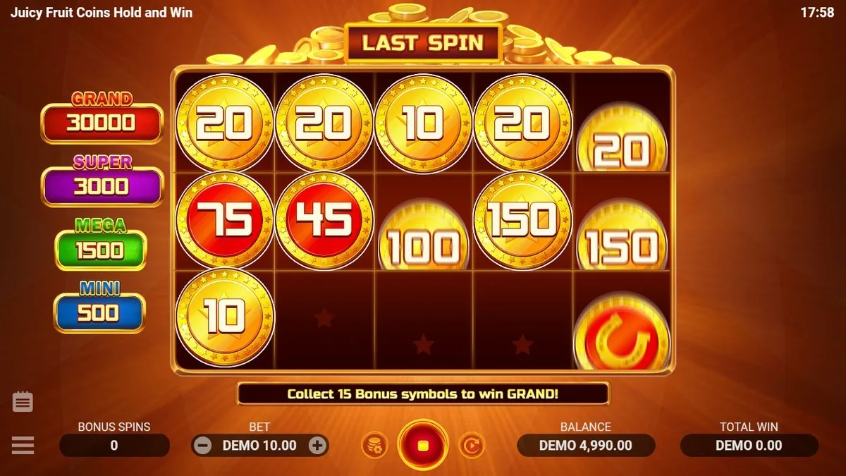 'LAST SPIN': het rooster loopt verder vol met munten (150, 150, 100, 75, 45 …) en een rode verzamel-munt rechtsonder. De teller staat op nul — het moment waarop de bonus wordt afgerekend.