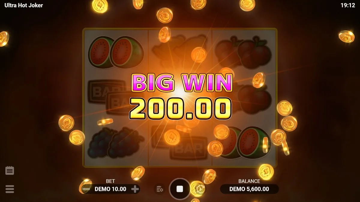 Mijn grootste klapper van de middag: een BIG WIN van 200,00 met munten die over het scherm regenen terwijl bars en watermeloenen vallen — bij tien credits inzet.