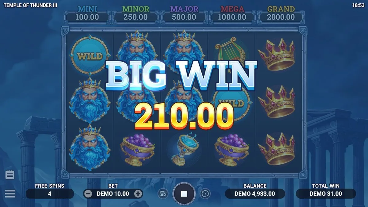 Mijn grootste losse klapper: een BIG WIN van 210,00 terwijl de godssymbolen zich opstapelen en twee WILD-munten meedoen — hier bij free spin 4.
