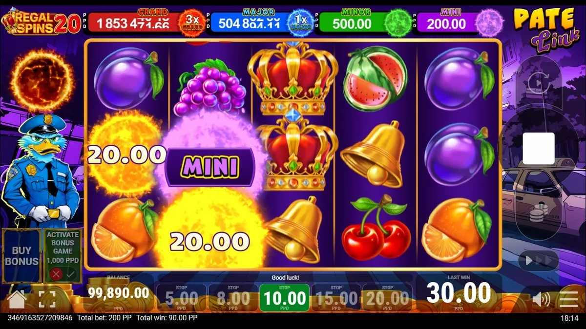 Bonus in volle gang: orbs met 20,00 en 20,00 plakken vast en een paarse bol toont MINI. De laatste winst klimt naar 30,00 — de hold-and-win verzamelt waarden, geen lijnen.