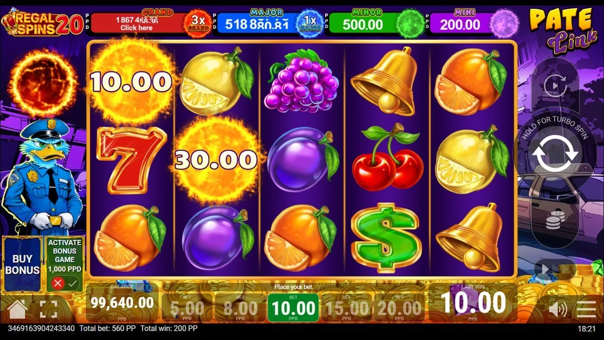 De hold-and-win bouwt op: vuurbollen van 10,00 en 30,00 blijven kleven terwijl een groen dollar-symbool meespeelt. Zo verzamelt de respin-ronde haar cash-waarden.