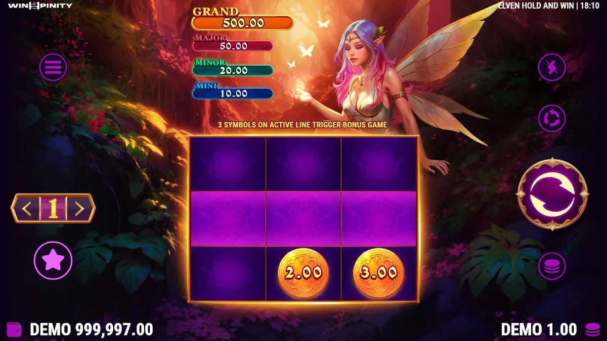Basisspel op de enige actieve lijn: twee munten van €2,00 en €3,00 plakken al vast. De jackpotladder — GRAND 500, MAJOR 50, MINOR 20, MINI 10 — wacht bovenin. Inzet €1,00 in de demo.