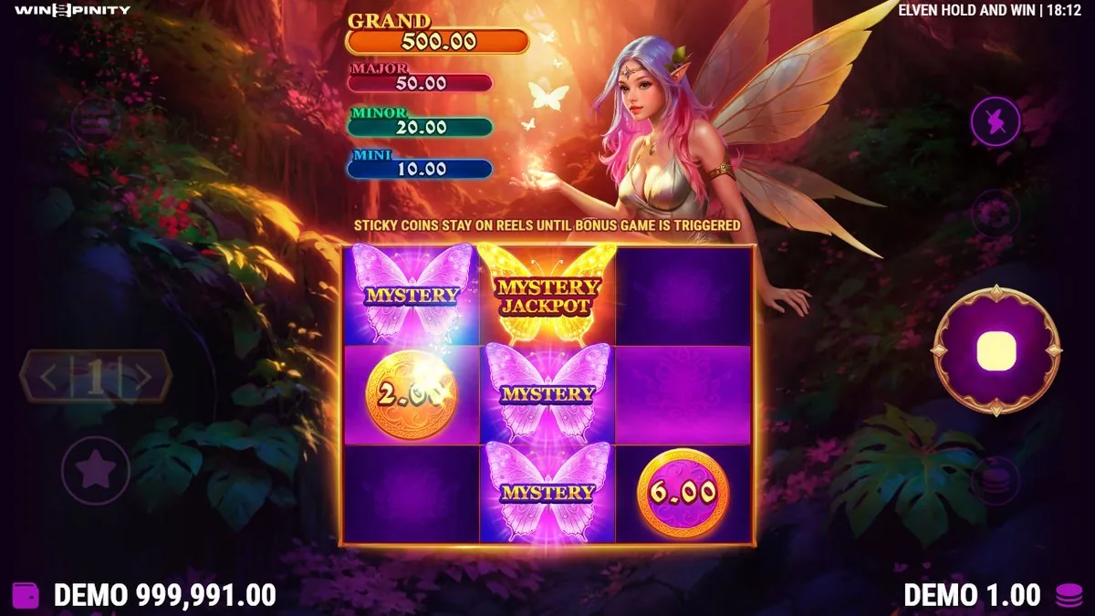 De sticky coins blijven staan tot het bonusspel start: hier drie MYSTERY-vlinders plus een gouden MYSTERY JACKPOT, met munten van €2,00 en €6,00 ernaast.
