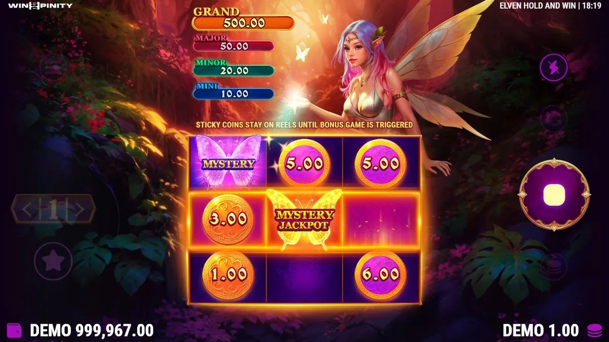 Bonusspel in volle gang — het raster vult zich met munten (5,00 · 5,00 · 3,00 · 1,00 · 6,00) en een MYSTERY JACKPOT-vlinder pontificaal in het midden.
