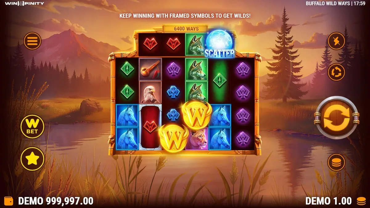 Basisspel bij 6400 WAYS: twee gouden W-wilds zweven al in beeld, met de blauwe SCATTER-orb rechtsboven. Inzet €1,00 in de demo.