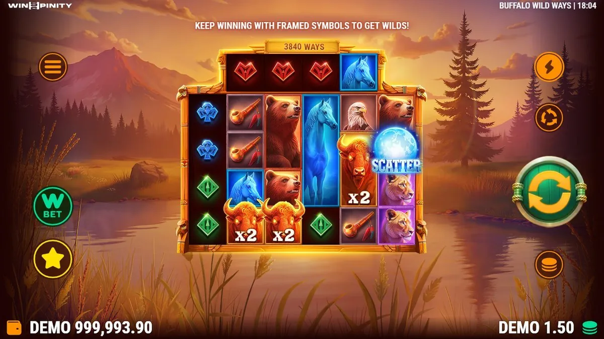 Free spins bij 3840 WAYS: meerdere x2-vermenigvuldigers plakken tegelijk op de buffels, met de SCATTER-orb erbij. Zo hoort dit slot te betalen. Inzet €1,50.