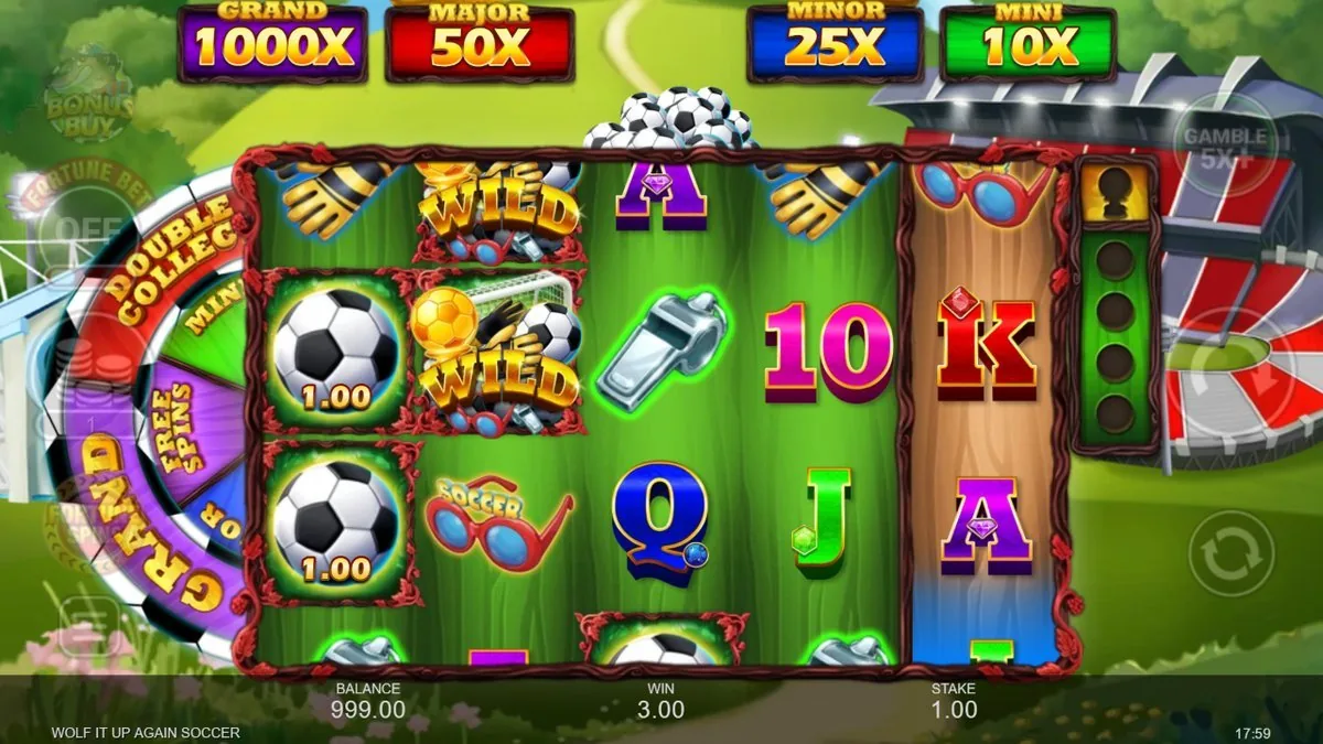 Het basisspel met twee gouden WILD-voetballen en twee cash-voetballen van 1.00 op de eerste rol. Winst op dit moment: 3,00 bij een inzet van 1,00. Boven het veld hangt de jackpotladder met de GRAND op 1.000×.