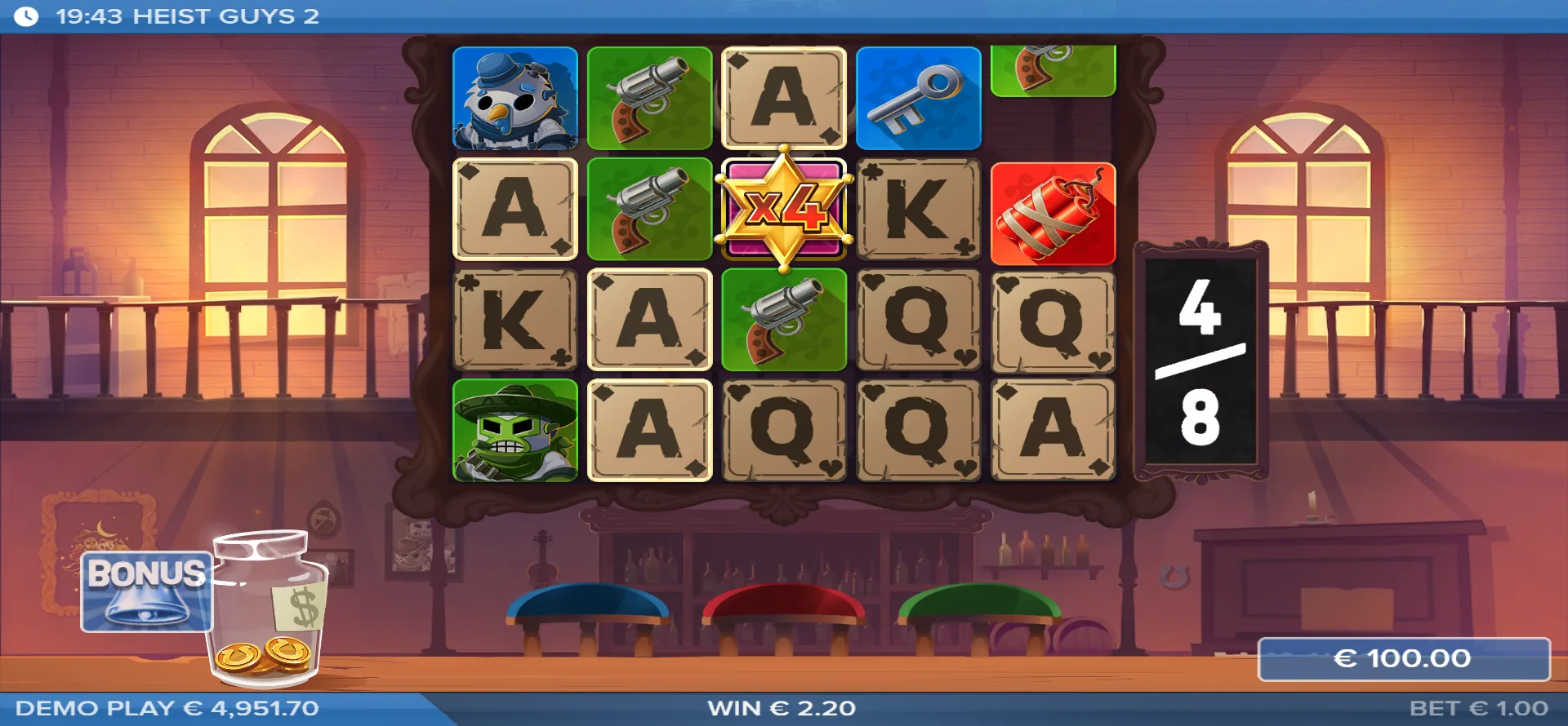 Free spin 4/8: de wandelende Super Wild draagt al een x4 terwijl de saloon-symbolen in cascade omlaag tuimelen. Winst op dat moment: €2,20 bij €1,00 inzet.