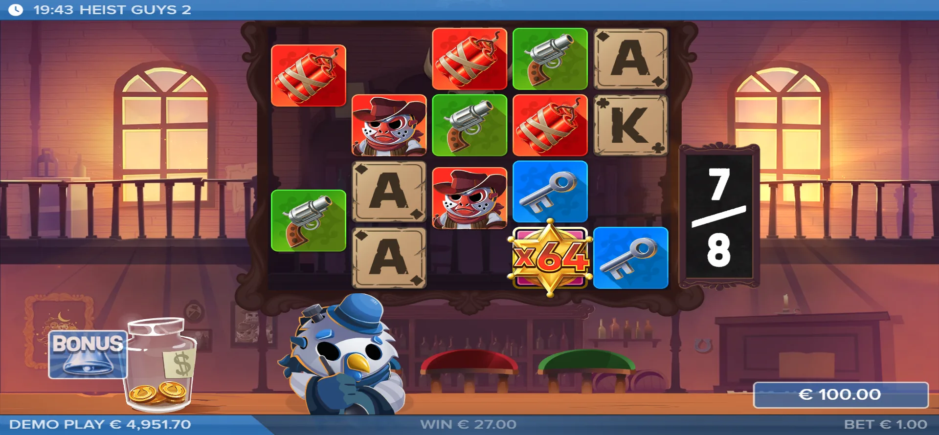 Free spin 7/8: de ladder is doorgeklommen naar x64 — mijn rondehoogtepunt. De winst liep in dezelfde sessie op naar €27,00. Precies waarvoor je die knop indrukt.